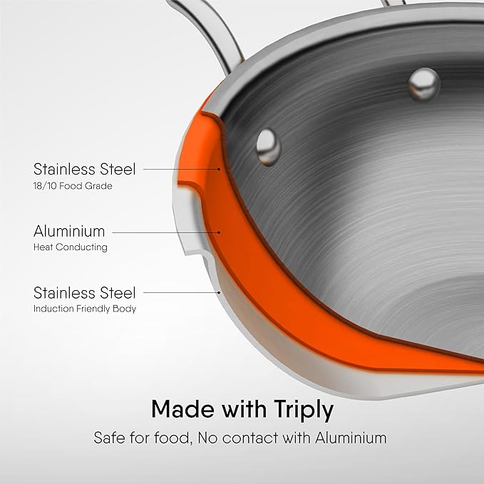 Stahl Artisan Triply Stainless Steel Round Bottom Kadhai With Lid | Extra Deep Kadai | Stainless Steel Cookware | 2.6 L | 24 Cm