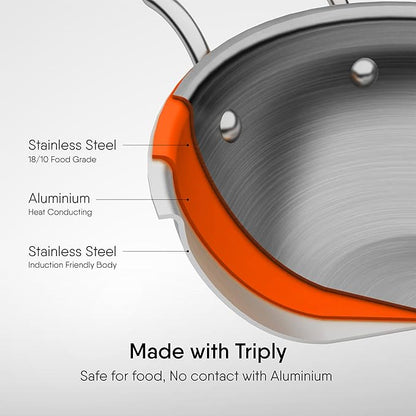 Stahl Artisan Triply Stainless Steel Round Bottom Kadhai With Lid | Extra Deep Kadai | 1.8 L | 20 Cm