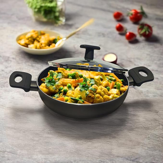 Solara 24cm 2.4L Non Stick Kadai Induction Kadai Granite Stone with Glass Lid Black Colour