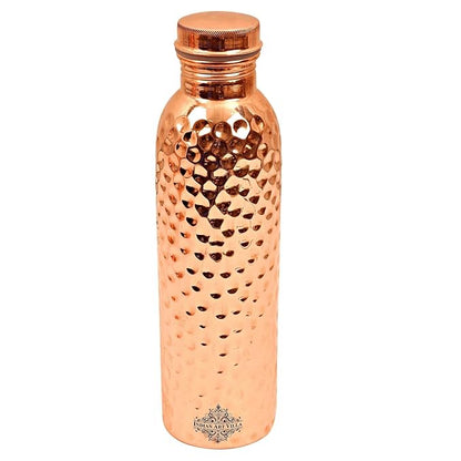 Indian Art Villa Pure Copper Water Bottle With Hammered Shine Finish Design