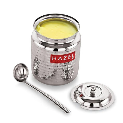 Hazel Stainless Steel Ghee Pot with Spoon 600 ml Oil Containers for Kitchen With Lid