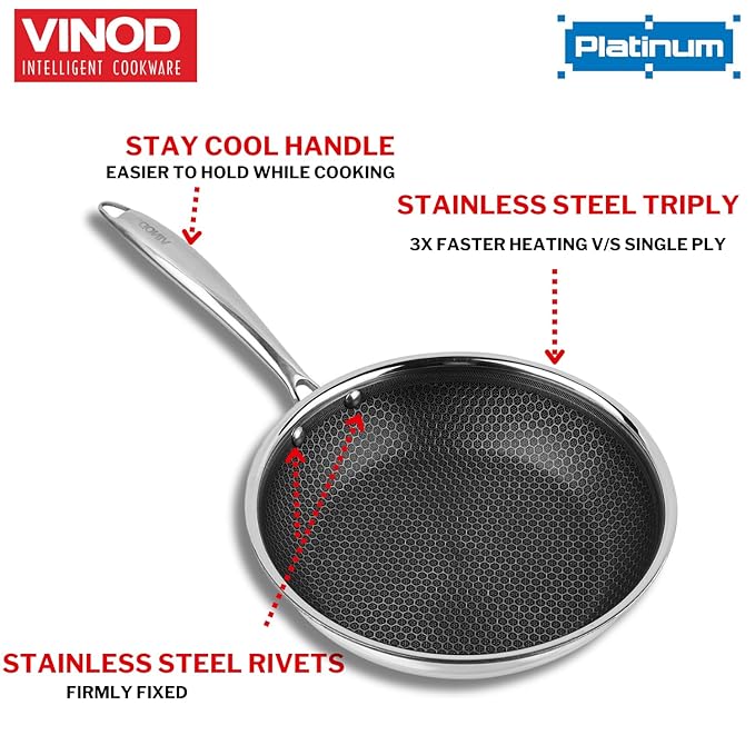 Vinod Platinum Triply Stainless Steel X Fry Pan 20 cm |Honeycomb Pattern Design Inside