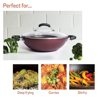 Meyer Merlot Aluminium Non-Stick Kadai | Kadhai with Glass Lid 28cm/ 3.68 Litre