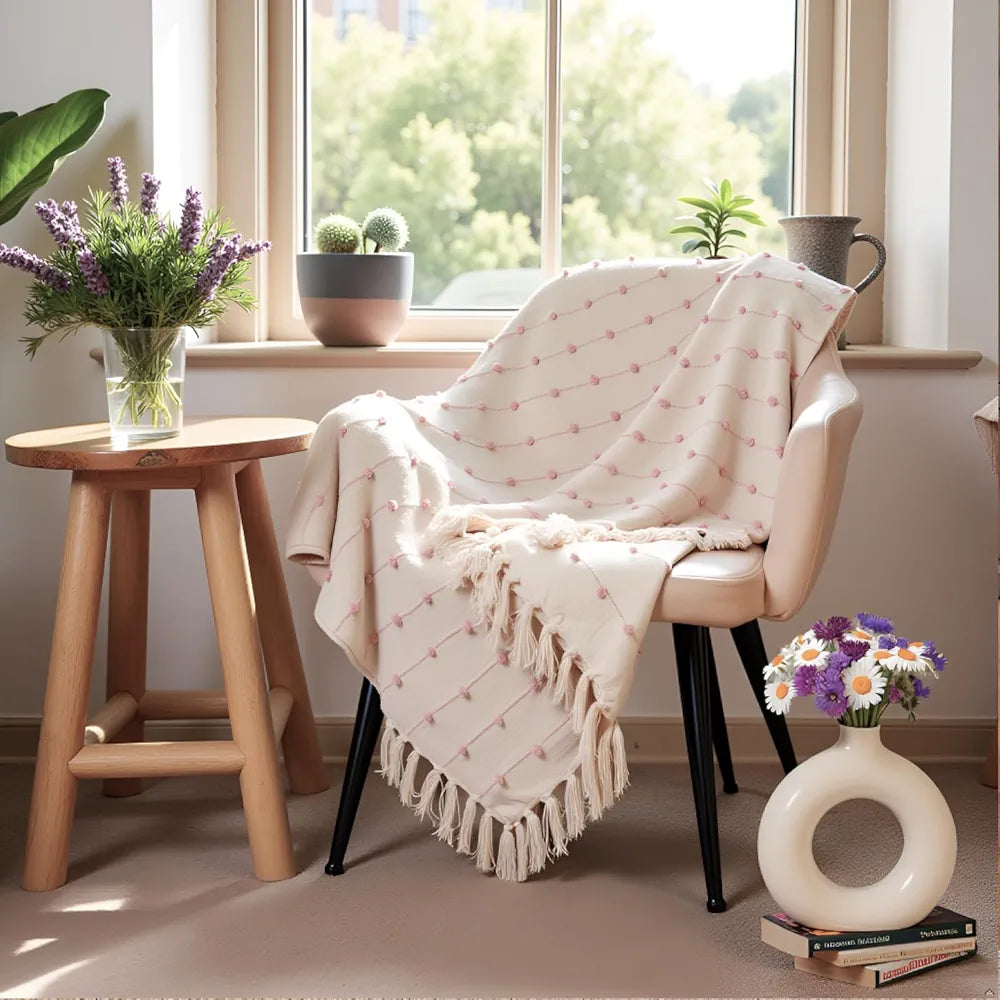 Sajavat Home Hand-Knitted Pure Cotton 3 Seater Sofa Throw Colour Beige & Pink