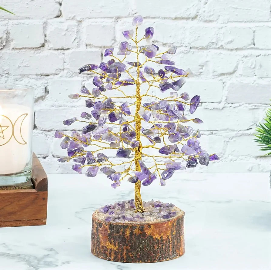 Crocon Amethyst Gemstone Money Tree Feng Shui Bonsai Golden Wire