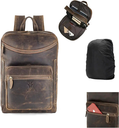 Goatter Men's Hunter Leather Backpack For 16 Laptop Office And Travel Camping Rucksack 