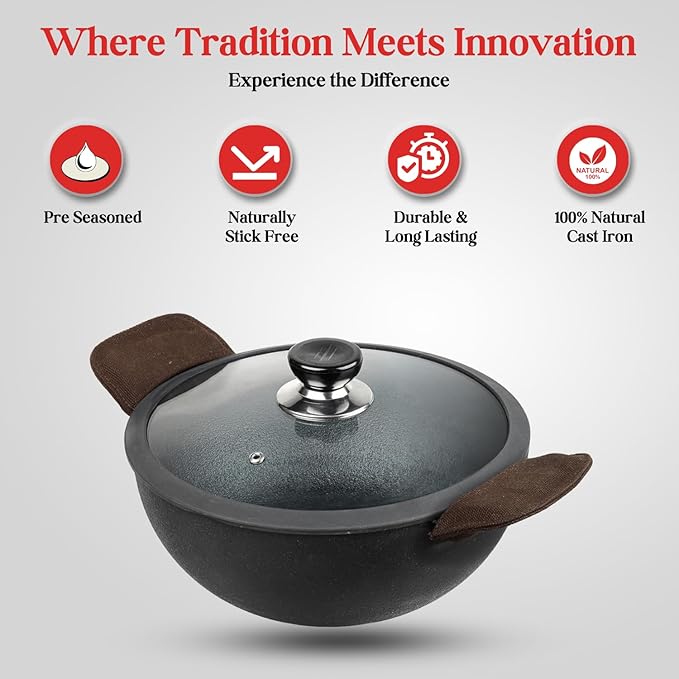 Vinod Legacy Pre Seasoned Cast Iron Kadai with Glass Lid - 4.3 Litre, 26 cm | Naturally Non Stick | Iron kadai for Cooking, deep Frying
