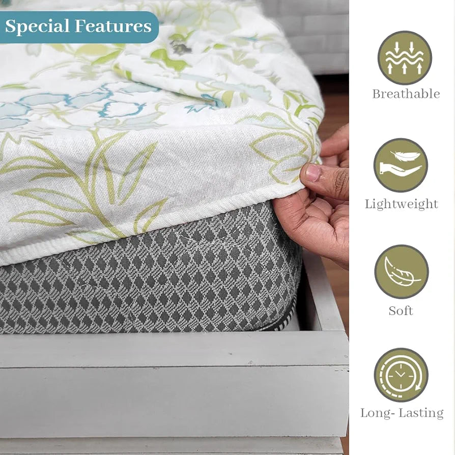 Divine Casa 144 TC 100% Cotton Floral Print Green Super Soft Bedsheet Elastic Fitted King Size Bed Colour Mineral Green