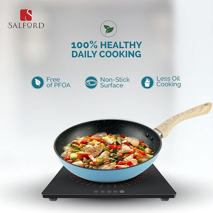 Salford by Ucook Forged Non-stick Frypan With Soft Touch Wooden Handle | Black Spatter Dusty Blue | 240mm | 1.85 Litre