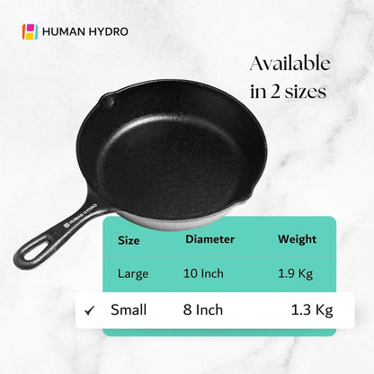 Human Hydro Pre-Seasoned Cast Iron Fry Pan 8 Inch 20cm with Wooden Spatula Non-Toxic Gas Induction