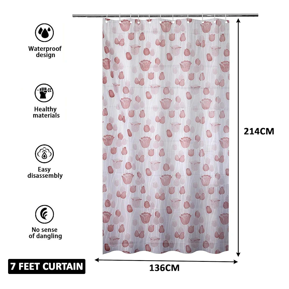 Kuber Industries Shower Curtain Bathroom Shower Curtain 8 Rings Curtain Brown Gulab Blury Transparent