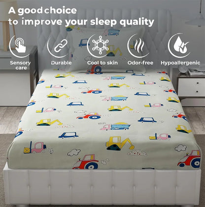 Fresh From Loom Glace Cotton 300 tc Elastic Fitted Bed Sheet With 1 Pillow Cover Cartoon Printed Cream Smallsingle
