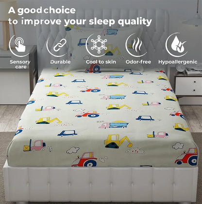 Fresh From Loom Glace Cotton Cartoon Printed Single Bedsheet With One Pillow Cover Kids Bedsheet 144 TC Cream
