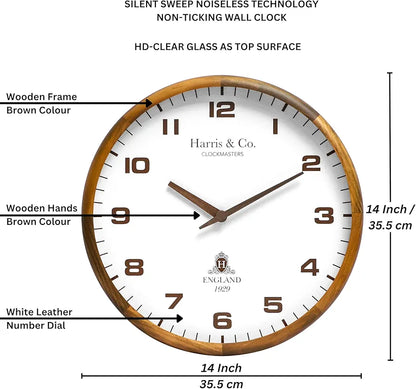 Harris & Co. Clockmasters Wooden Analog Wall Clock With Leather Dial and Wooden Hands14 Inch Silent Sweep Noiseless Technology Model - Brick Lane