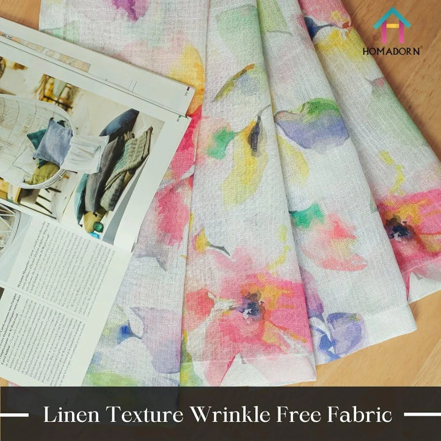 Homadorn Linen Sheer Printed Semi Transparent Curtains for Window Set of 2 Multi Watercolor