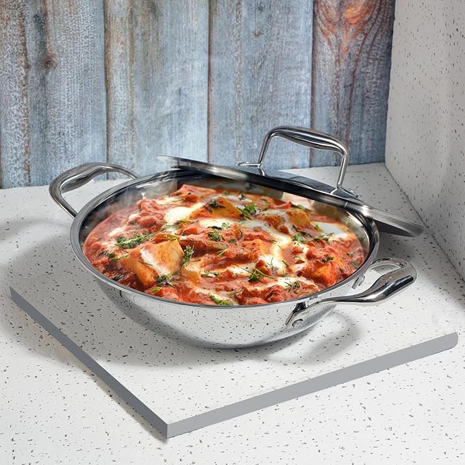 Vinod SAS Pro Platinum Triply Stainless Steel Non Stick Kadhai with Lid - 1.8 Litre, 22 cm | Ceramic Coating | Honeycomb Design Induction Base
