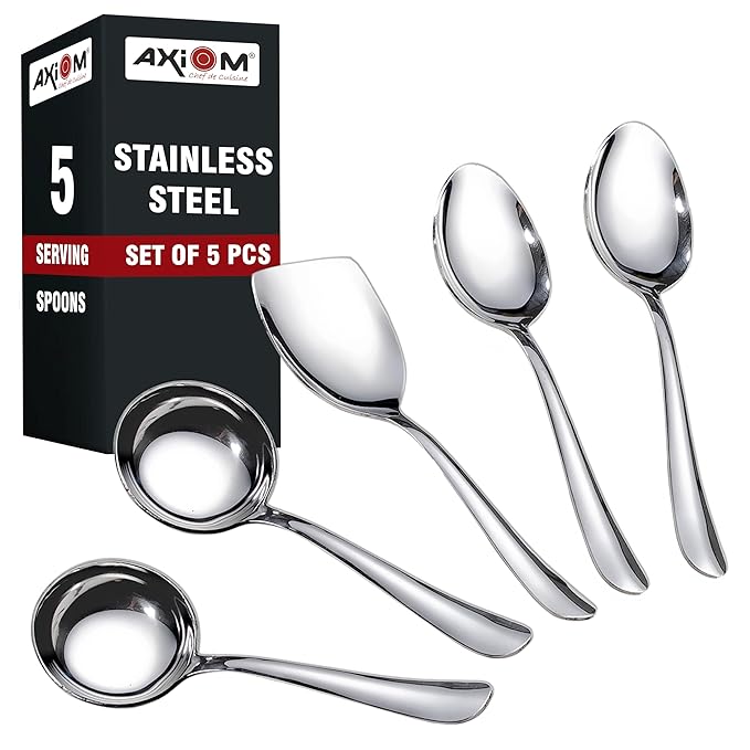 Axiom Stainless Steel Serving Tools 5 Piece Heavy Gauge Non-Stick Set Spoon for Serving