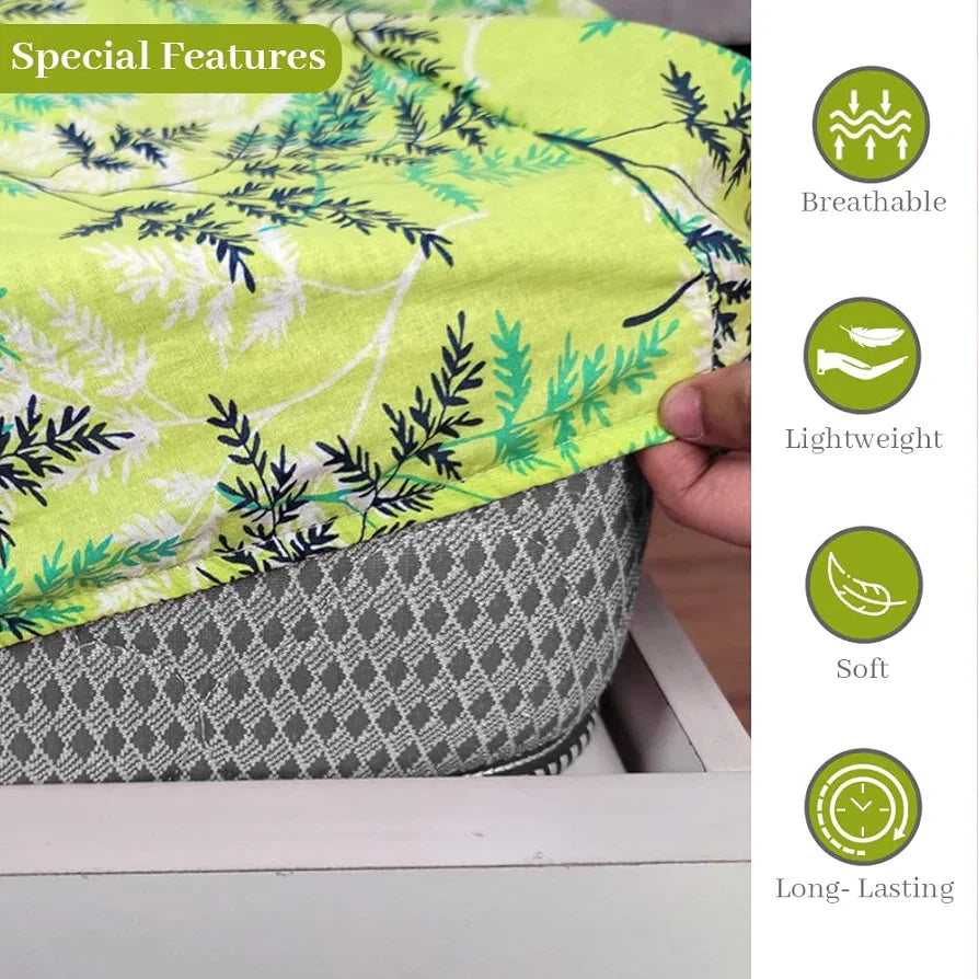 Divine Casa 144 TC 100% Cotton Floral Green Cotton Lightweight Elastic Fitted Double Bedsheets Colour Lime Punch