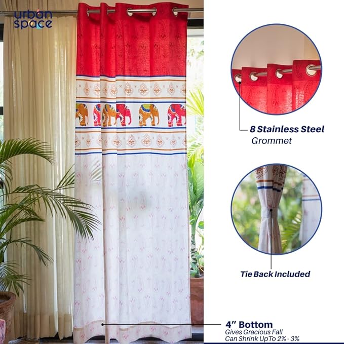 Urban Space Cotton Printed Semi Sheer Curtains For Door Set Of 2 With Eyelets And Tieback (Colour Panel Elephants Red)