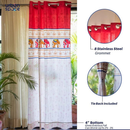 Urban Space Cotton Printed Semi Sheer Curtains For Door Set Of 2 With Eyelets And Tieback (Colour Panel Elephants Red)