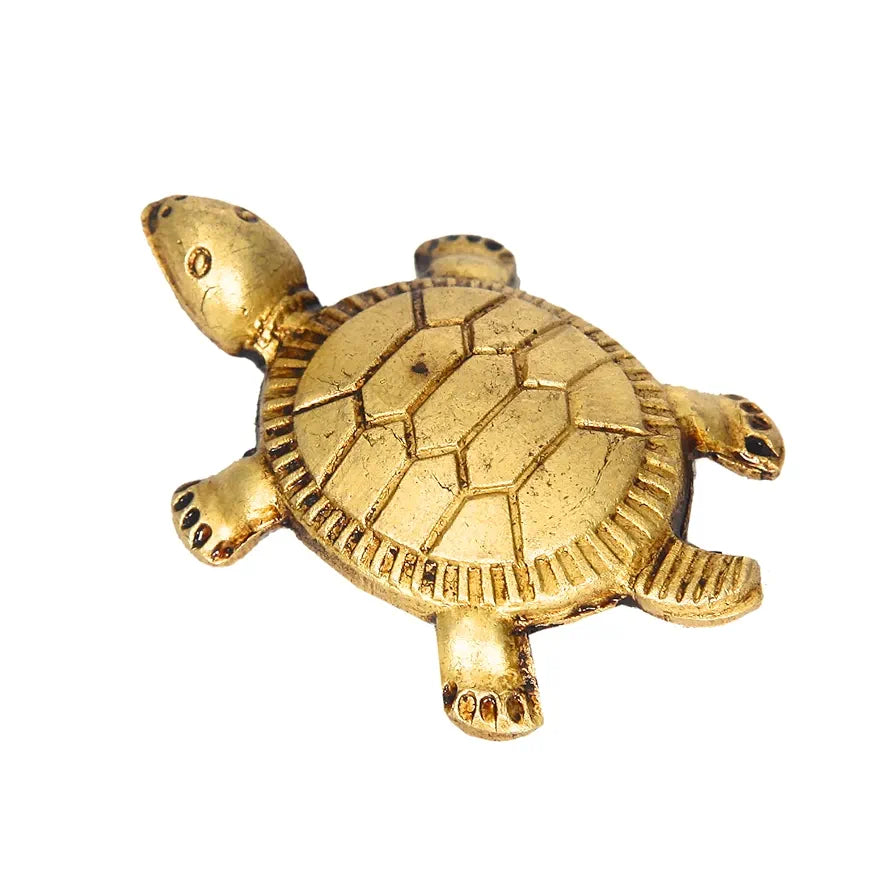 Anciently Feng Shui Tortoise for Good Luck | Brass Tortoise with Plate, Small Size, Brass, Gold Colour, 1 Set, Religious
