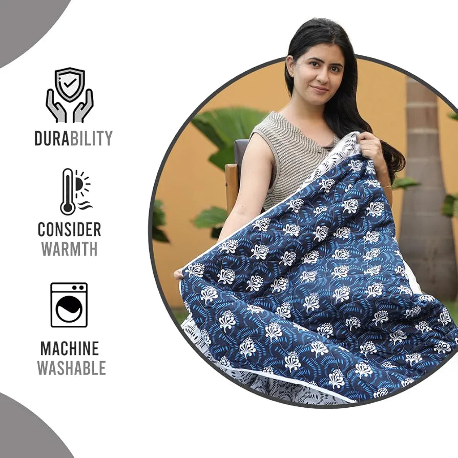 Divine Casa Microfibre Printed Reversible 120 GSM Single Bed Size Quilt Lightweight Comforter Blanket TC - 120 Colour Navy Blue and White