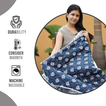 Divine Casa Microfibre Mild Winter Lightweight 120 GSM Printed Reversible Double Bed Size Quilt Comforter Blanket TC - 144 Colour Navy Blue and White