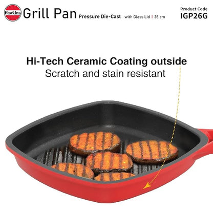 Hawkins 26 cm Grill Pan Non Stick Die Cast Grilling Pan with Glass Lid Square Grill Pan