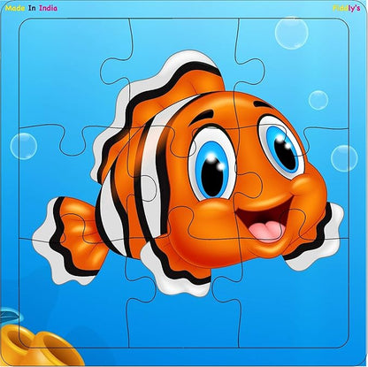 Fiddlys Wood Jigsaw Puzzles for Kids & Children - 9 Pieces | Sea | Pack of 4 | Age 3+