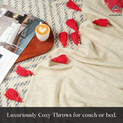 Homadorn 100% Cotton Off White Throw Blanket with Handmade Colorful Tassel Colour Red