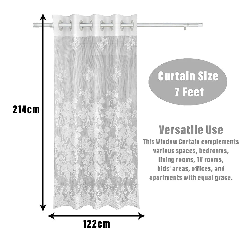 Kuber Industries Cotton Door Curtains with 8 Rings Net Frill Door Curtain SY27 White Colour
