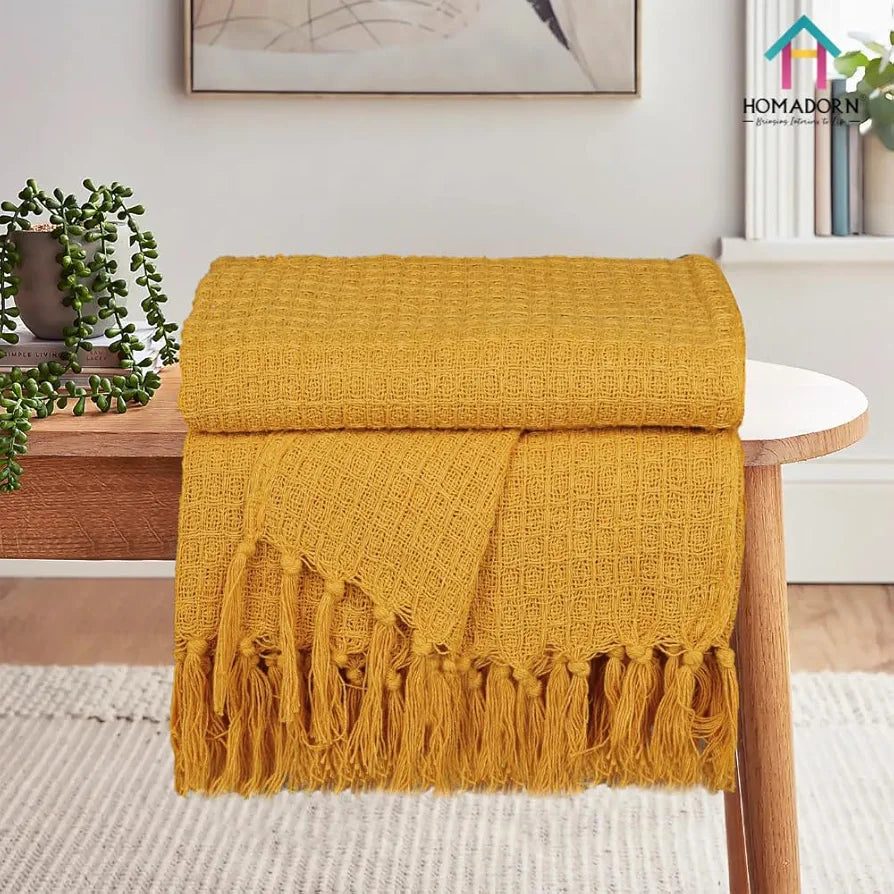 Homadorn Waffle 100% Cotton Throw Blanket Colour Mustard