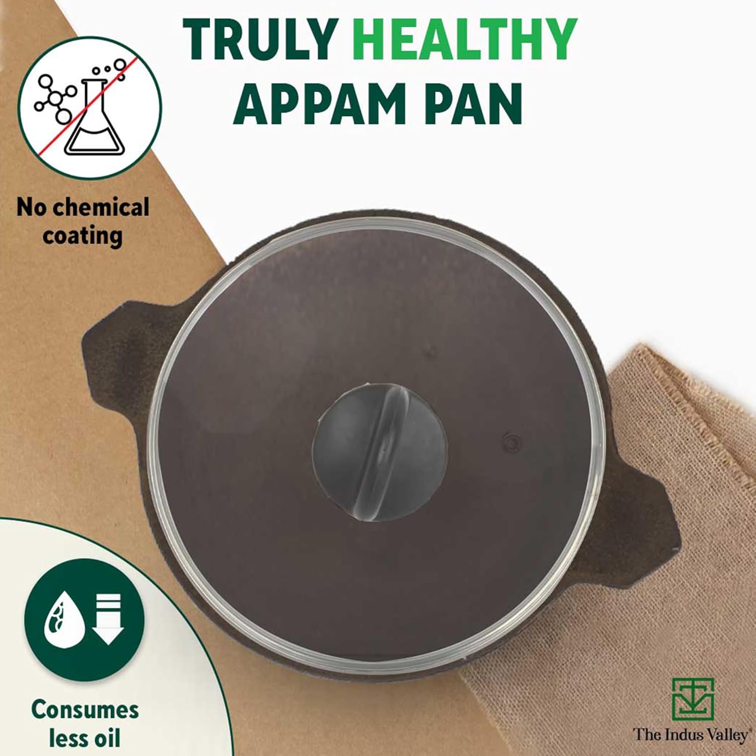 The Indus Valley Pre-seasoned Cast Iron Appam Pan With Glass Lid | Gas Compatible | Nonstick Appam Pan