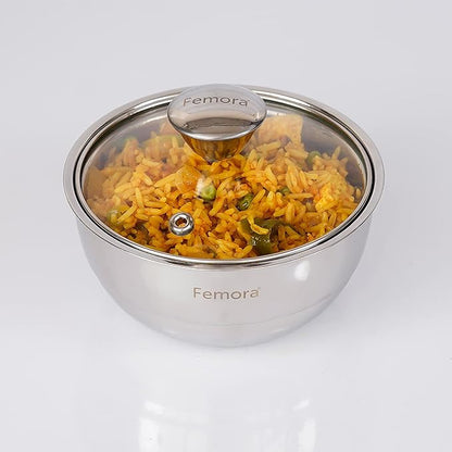 Femora Stainless Steel Double Wall Insulated Curry Server Curry Bowls | 1500 Ml | Set of 3
