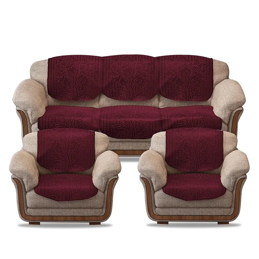 Cloth Fusion Italian Velvet Sofa Cover 5 Seater Set Perfect Floral Embossed Sofa Cover 3 Seater and 2 Seater Maroon