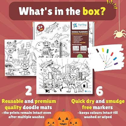PepPlay Doodle Placemats Superheroes and Monsters 2 Coloring mats & 6 Quick Dry Smudge