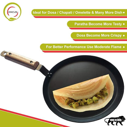Amicus Kitchen Premium Iron Tawa For Dosa Roti Chapati Flat Iron Tava With Wooden Handle 10 Inch 1.2 Kg Black