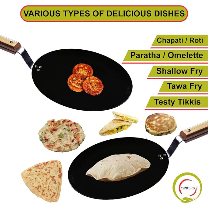 Amicus Kitchen Premium Iron Tawa For Roti Chapati Concave With Wooden Handle 10 Inch Black