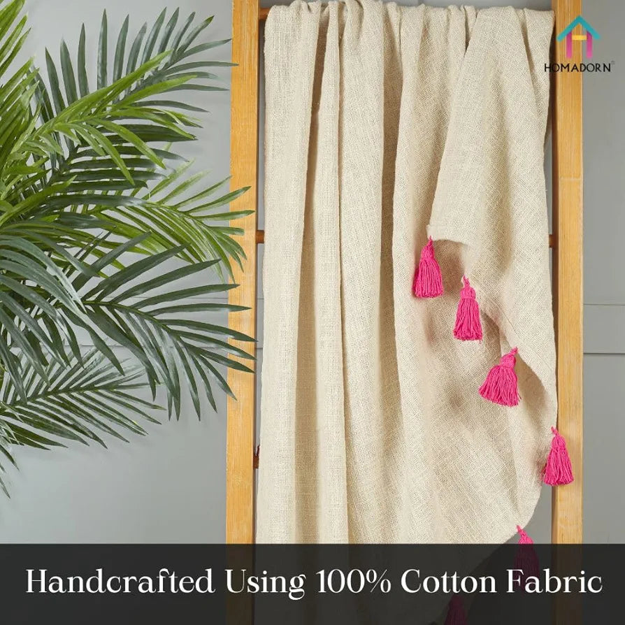 Homadorn 100% Cotton Off White Throw Blanket with Handmade Colorful Tassel Colour Pink