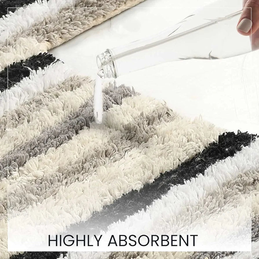 Sashaa World Striped Anti-skid Bathmat & Contour Set Colour Black White & Grey