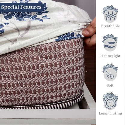 Divine Casa 144 TC 100% Cotton Floral Pattern Elastic Fitted Queen Size Bedsheet with 2 Pillow Covers Cream & Brown Print Ideal Colour Harbor Mist