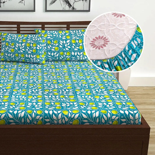 Divine Casa Blue and White Floral Pattern 144 TC 100% Cotton Elastic Fitted Printed Queen Size Double Bed Bedsheet with 2 Pillow Cover Colour Tile Blue