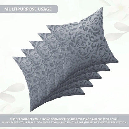 Kuber Industries Set of 5 Washable & Removable Velvet Sofa Pillow Covers with Zip Floral Design Grey