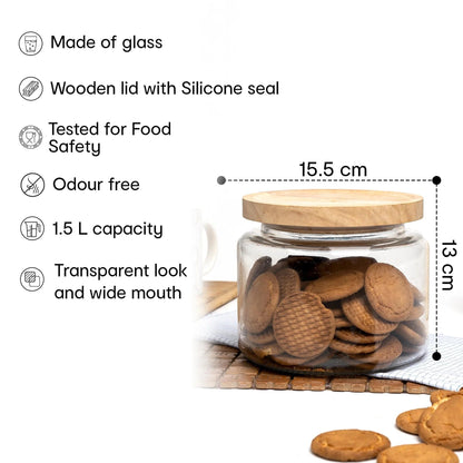 Anko 1.5L Clear Glass Jar | Airtight | Rubberwood Lid | Set of 1 | Kitchen Storage