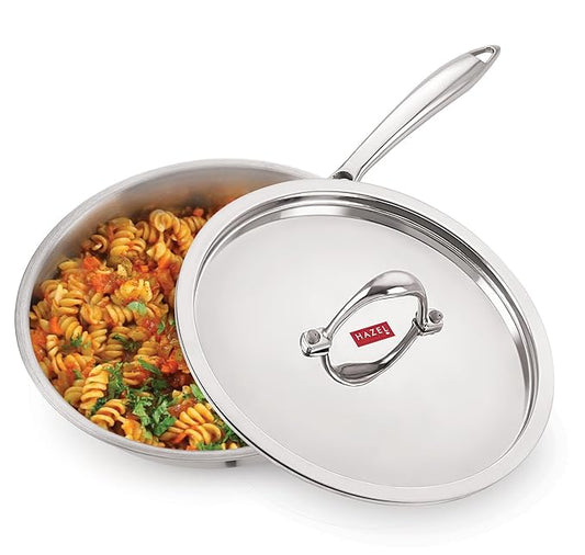 Hazel Triply Stainless Steel Frying Pan Induction Base Bottom Deep Fry Pan with Steel Lid 1.5 Litre 22 cm