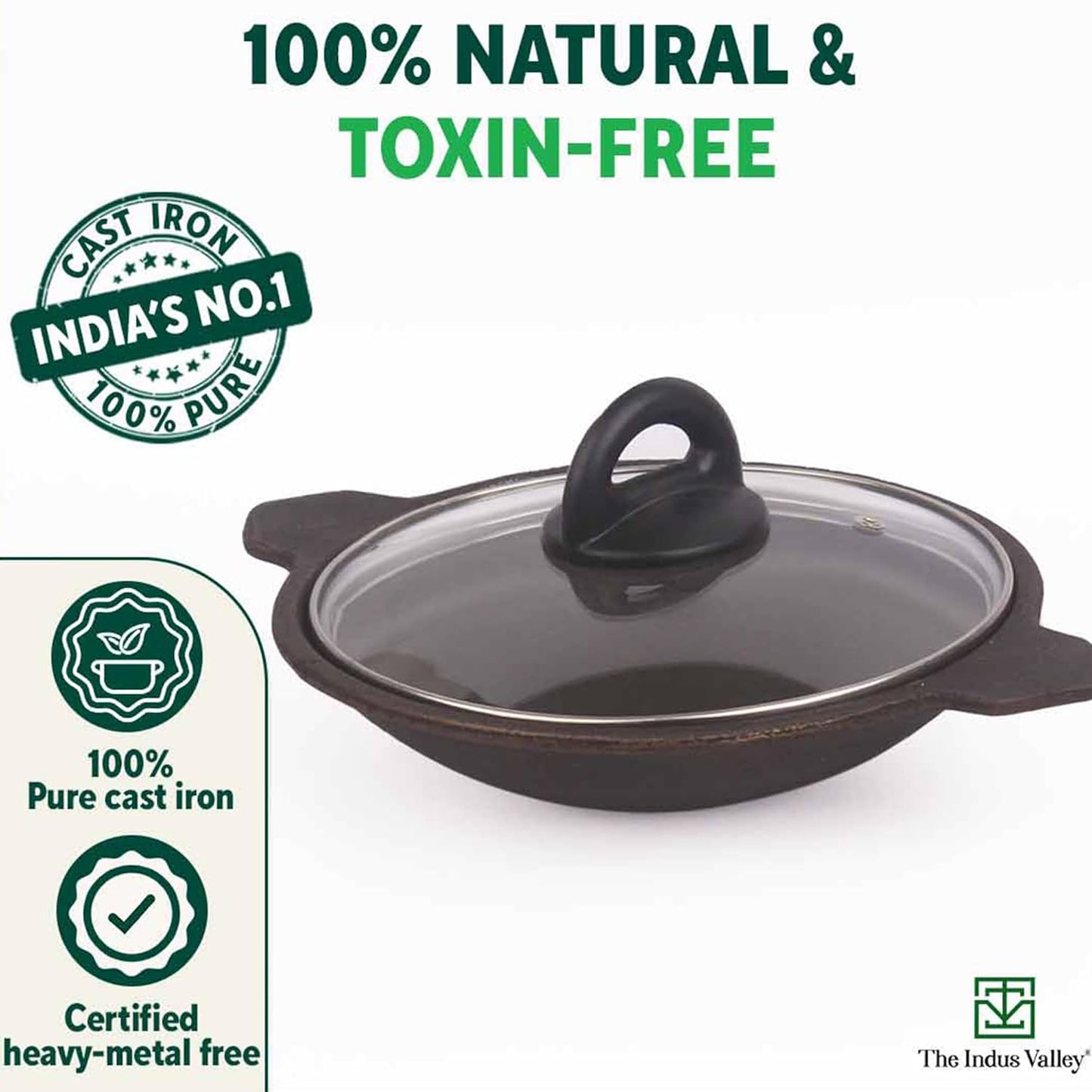 The Indus Valley Pre-seasoned Cast Iron Appam Pan With Glass Lid | Gas Compatible | Nonstick Appam Pan