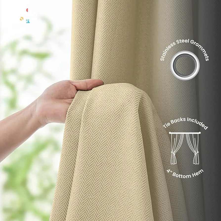 Urban Space Blackout Curtains for Door 7 Feet Long Set of 2, Embossed Herringbone DesignLight Blocking Curtain for Living Room, Curtains Drift Beige Colour