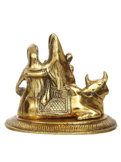 Ecraftindia Golden Metal Handcrafted Lord Shiva, Parvati, Kartik, and Ganesha Idol Sitting on Nandi Animal