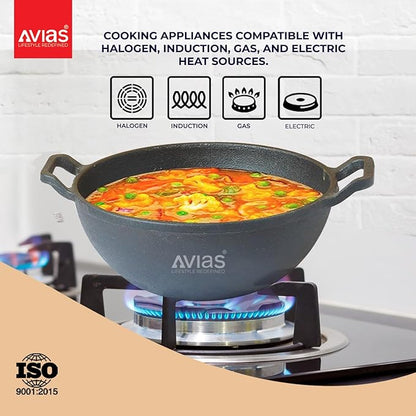 Avias Cast Iron Kadai for Deep Frying 24cm Kadhai Used for Cooking & Stir Fry