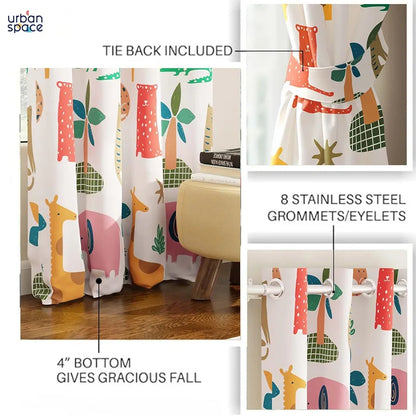 Urban Space Digital Printed Blackout Curtains for Door Bedroom Room Darkening Blackout Kids Decorative Curtains, 1 Piece Curtain Jungel Safari Buttercream